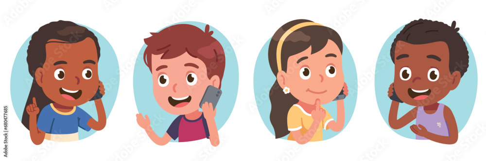 Girls, boys kids enjoying talking on mobile phone. Happy friends children persons characters hold smartphones calling, communicating gesturing. Cell communication chat fun flat vector illustration set Girls, boys kids enjoying talking on mobile phone. Happy friends children persons characters hold smartphones calling, communicating gesturing. Cell communication chat fun flat vector illustration set