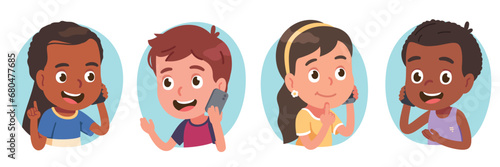Girls, boys kids enjoying talking on mobile phone. Happy friends children persons characters hold smartphones calling, communicating gesturing. Cell communication chat fun flat vector illustration set