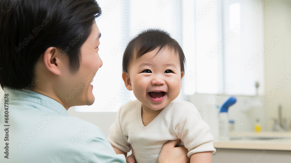 Father and Child at Clinic Reception. Family Health Visit, Generative AI Father and Child at Clinic Reception. Family Health Visit, Generative AI
