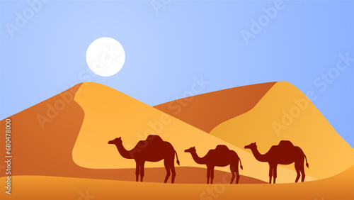  Desert landscape vector illustration. Scenery of heat and dry in sand desert with dune and bright sunlight. Subtropical desert panorama for illustration  background or wallpaper
