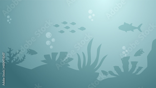 Seascape vector illustration. Scenery of fishes and coral reef in the bottom sea. Underwater panorama for illustration, background or wallpaper