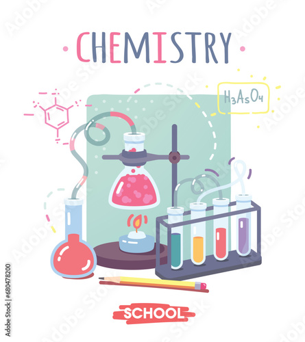 Chemistry school subject equipment. Educational chemical experiment with substances in flasks, tubes. Science learning lesson, study, knowledge, laboratory education concept flat vector illustration