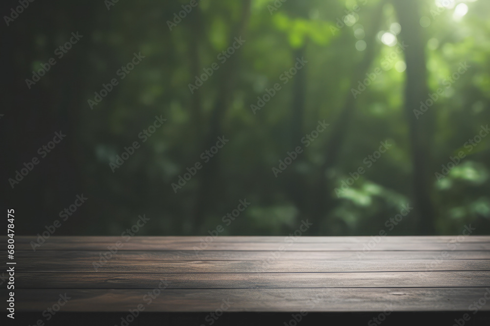 Tranquil Forest View from Wooden Table Tranquil Forest View from Wooden Table