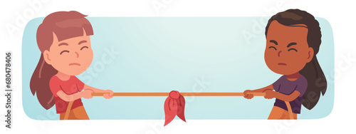 Girls children playing tug of war game. Caucasian, African American kids persons in pulling rope competition. Leisure entertainment fun, sports activity, rivalry, conflict flat vector illustration