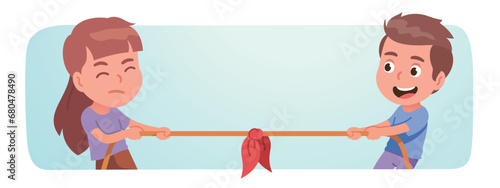 Friends girl, boy children playing tug of war game. Excited kids persons enjoying pulling rope competition. Leisure entertainment fun, sports activity, rivalry challenge flat vector illustration