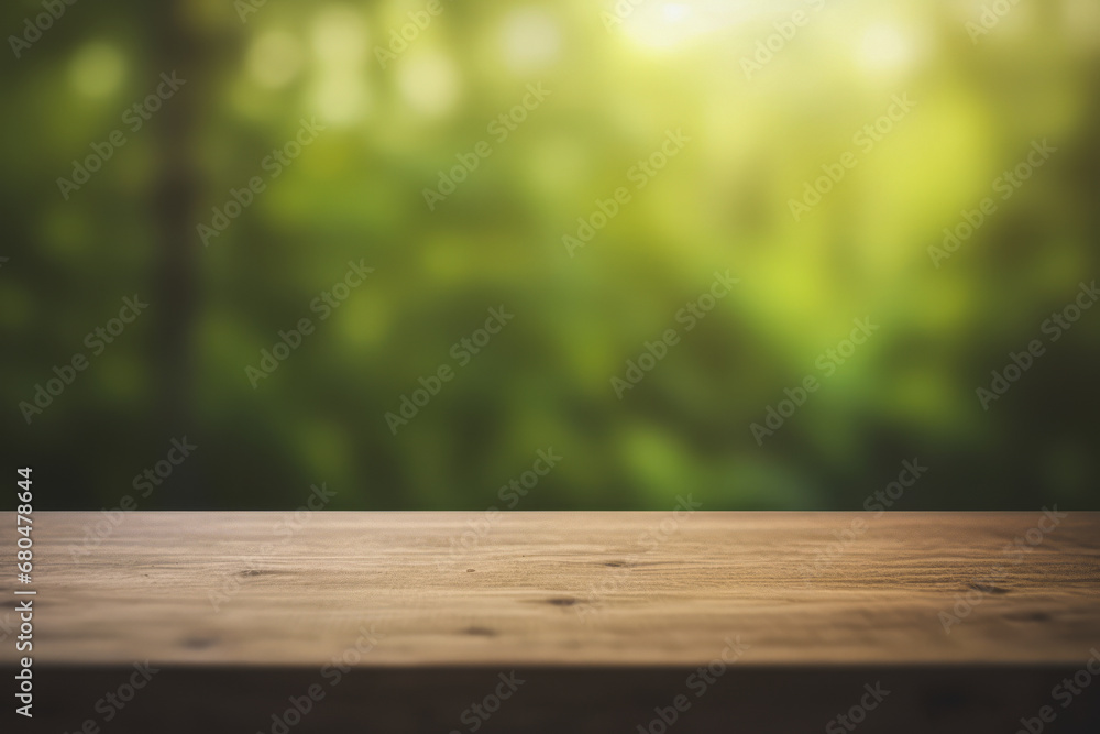 a dark wooden table top with a blurred green tropical forest background and warm light flare. a dark wooden table top with a blurred green tropical forest background and warm light flare.