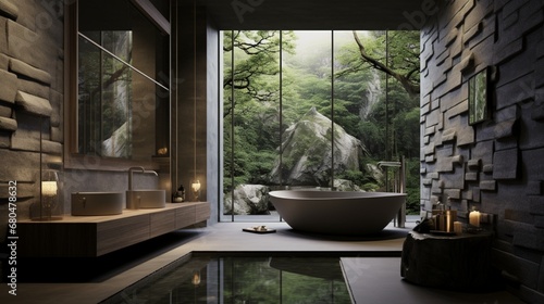 a spa bathroom with a freestanding bathtub and calming water features. © Mr.jazzy