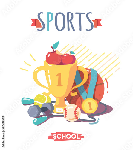 School sports physical education subject. Balls, dumbbell, skipping-rope, golden trophy cup, medal sport equipment. School fitness class poster, sport game activity concept flat vector illustration