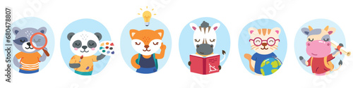 Animals school children cartoon characters set. Funny fox, panda, cow, cat schoolboys, schoolgirls kids elementary students with books, backpacks. Education, childhood concept flat vector illustration