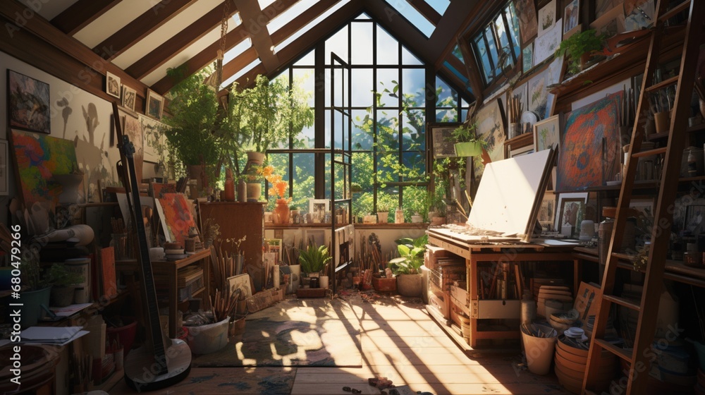 Naklejka premium an artist's studio with natural light, high ceilings, and creative chaos.