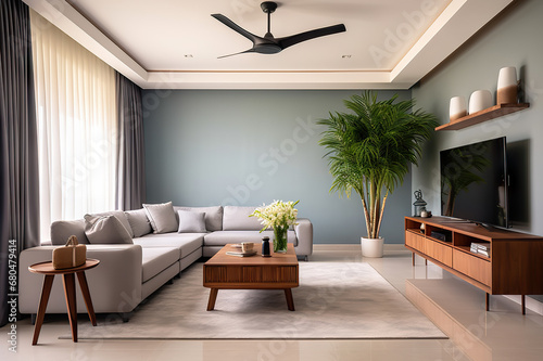 Scandinavian Living Room Elegance Grey Sofa and Stylish TV Unit, Enhanced by Ceiling Fan Lamp. created with Generative AI