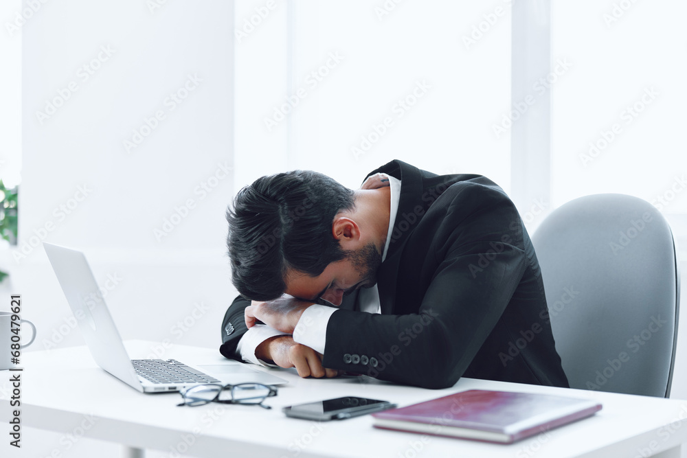 Man tired office laptop business working glasses Man tired office laptop business working glasses