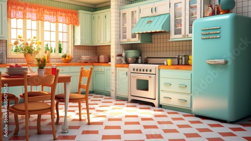 Produce a 3D rendering of a vintage-inspired kitchen with checkered floors and retro appliances.