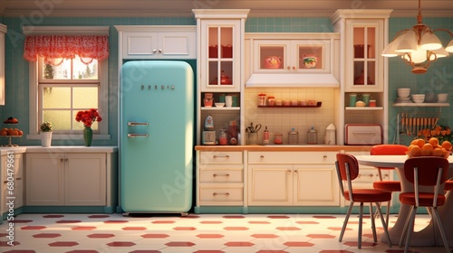 Produce a 3D rendering of a vintage-inspired kitchen with checkered floors and retro appliances.