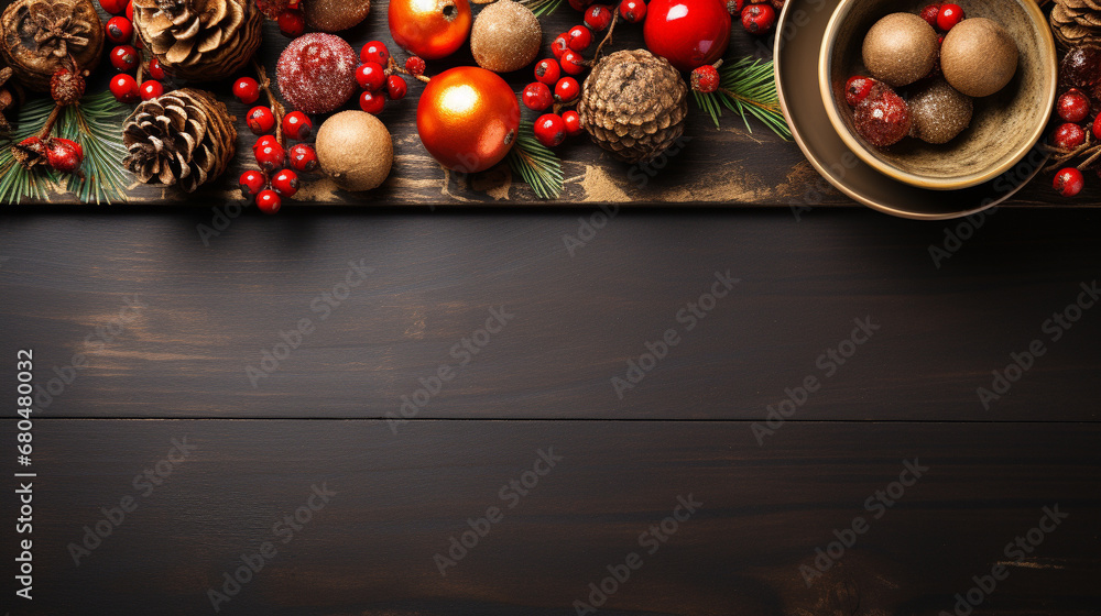 Naklejka premium Old brown wooden table with christmas decoration from above, Generative AI