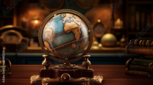 An antique, ornate globe with detailed hand-painted maps. Digital concept, illustration painting. photo