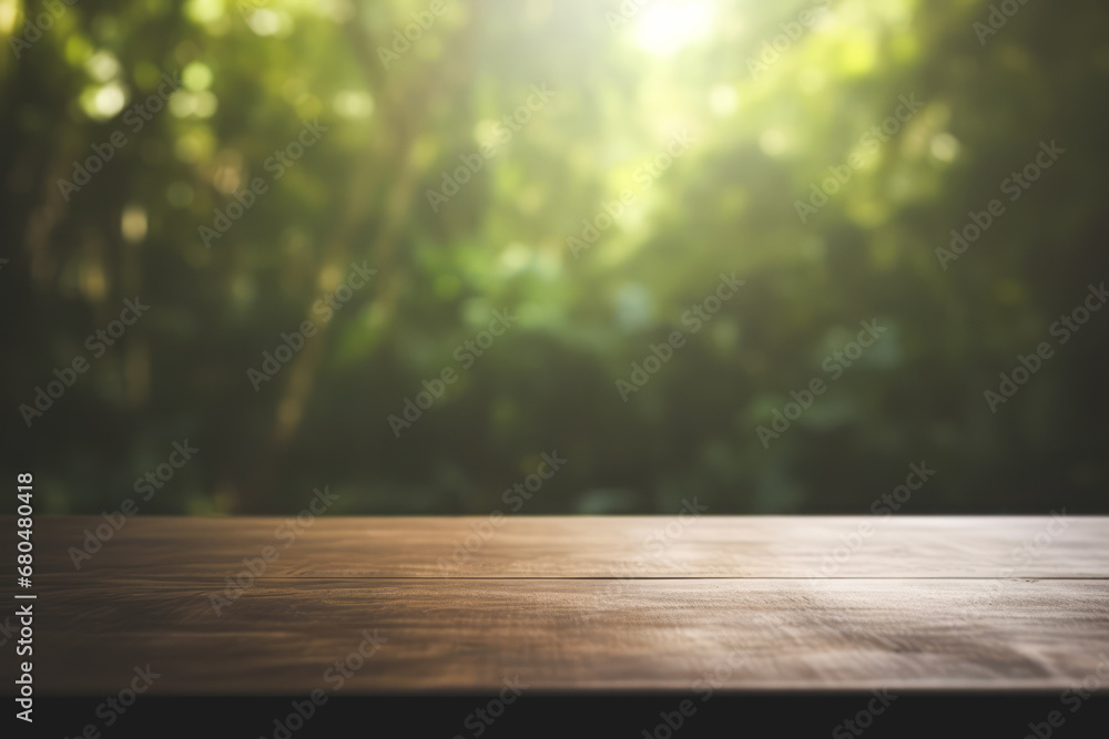a dark wooden table top with a blurred green tropical forest background and warm light flare. a dark wooden table top with a blurred green tropical forest background and warm light flare.