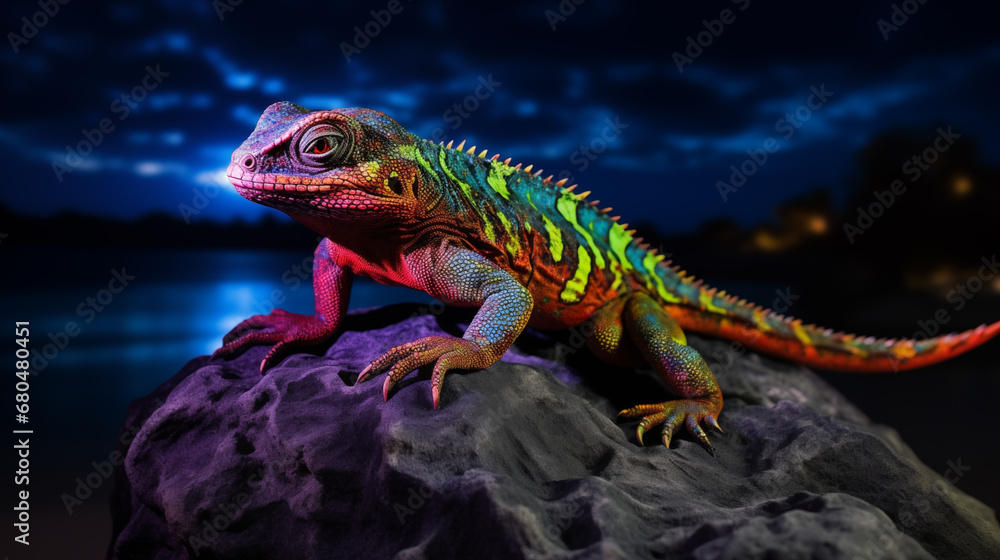 Fototapeta premium Fluorescent lizard on a stone on the beach at night