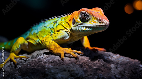 Fluorescent lizard on a stone on the beach at night