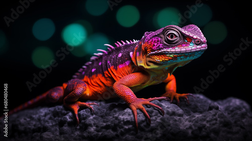 Fluorescent lizard on a stone on the beach at night