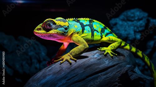 Fluorescent lizard on a stone on the beach at night