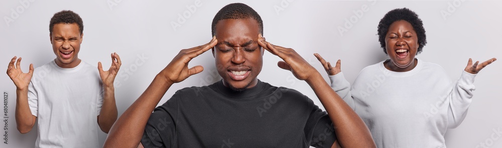Photo of dark skinned adult man suffers from severe headache keeps hands on temples irritated African guy gestures angrily happy African woman raises palms and exclaims from joy feels very good Photo of dark skinned adult man suffers from severe headache keeps hands on temples irritated African guy gestures angrily happy African woman raises palms and exclaims from joy feels very good