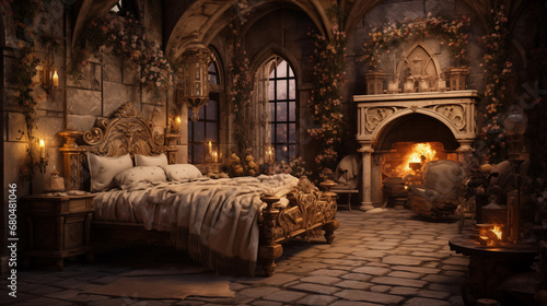 The warm and comfortable bedroom of a noblewoman in a castle in medieval Europe.