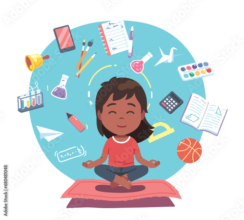 School girl meditating with supplies floating around. Schoolgirl student child person sitting in lotus pose relaxing surrounded by book, pen. Education stress relief concept flat vector illustration