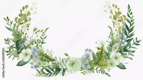 Watercolor floral wreath of greenery. Hand painted frame heart of green eucalyptus leaves, forest fern, gypsophila isolated on white background