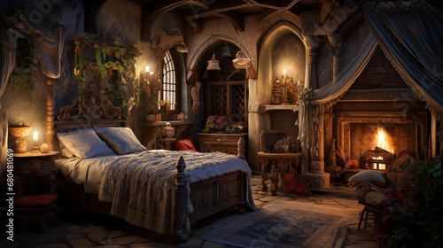 The warm and comfortable bedroom of a noblewoman in a castle in medieval Europe. photo