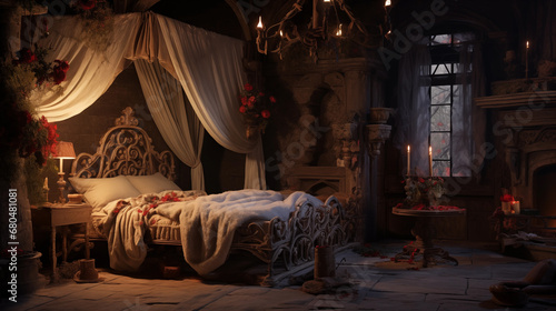 The warm and comfortable bedroom of a noblewoman in a castle in medieval Europe. photo