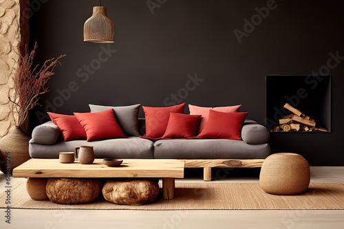 Japandi Harmony Wood Log Coffee Table Near Rustic Sofa with Red Cushion in Modern Living Room. created with Generative AI