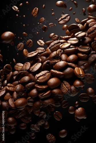 Roasted coffee bean falling in the air against dark background. Generative AI