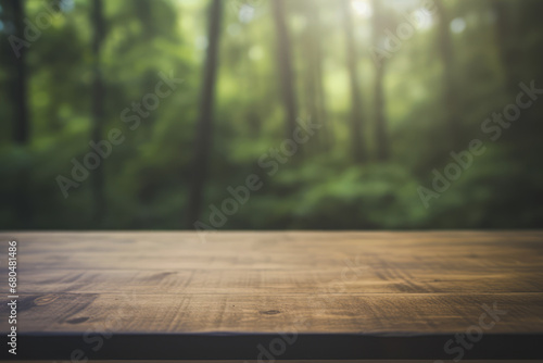 a dark wooden table top with a blurred green tropical forest background and warm light flare.