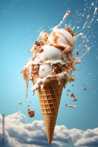 vanilla ice cream in cone with flying ingredients in the air on pastel background