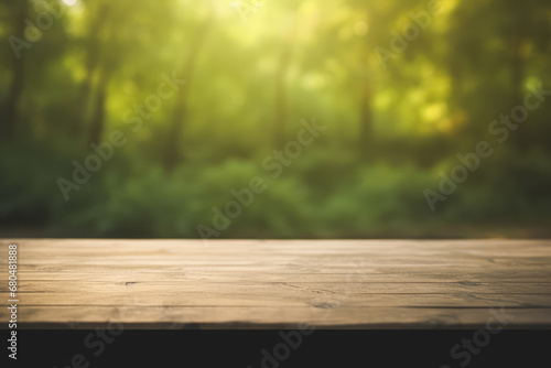 a dark wooden table top with a blurred green tropical forest background and warm light flare.