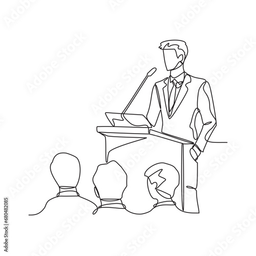 One continuous line drawing of a man is giving a speech in front of an audience vector illustration. Speech illustration simple linear style vector concept. Ceremony speech suitable for asset design.