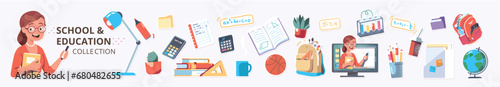 School supplies, education stickers collection. Teacher woman person, online lesson on computer, books, backpack, pens, pencils, calculator, lamp set. Knowledge, study concept flat vector illustration