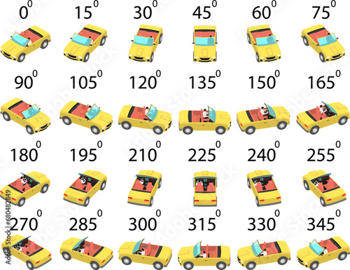 A set of 24 convertibles from different angles. Animation of the rotation of a car without roof with a driver by 15 degrees.  
