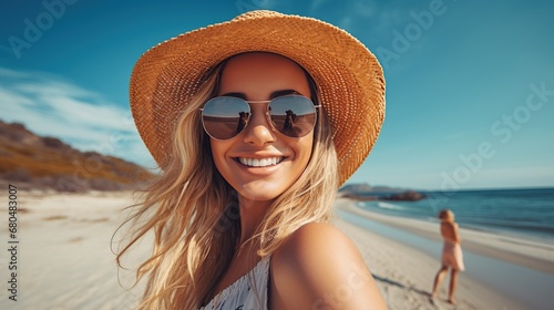 Portrait beautiful women with hat and sunglasses on the beach at summer. AI generated