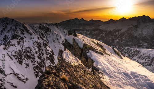 Fototapeta Naklejka Na Ścianę i Meble -  Sunset over the rocky peaks in the High Tatras