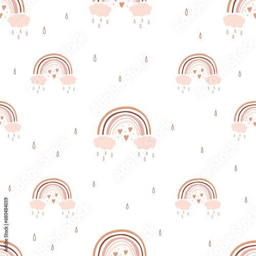 Cute childish seamless pattern with rainbows in boho style in pastel shades