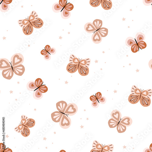 Cute seamless magic pattern with butterflies. Hand drawn style vector illustration. In boho color