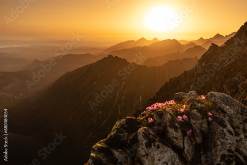 Fototapeta Naklejka Na Ścianę i Meble -  Sunset over the rocky peaks in the High Tatras