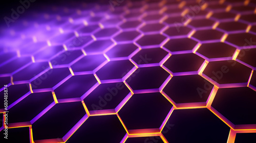 Abstract background with black glowing honeycomb hexagons and purple backlight in futuristic style. photo