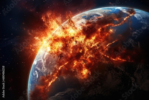 Fire planet burning in space. Global catastrophe concept illustration.