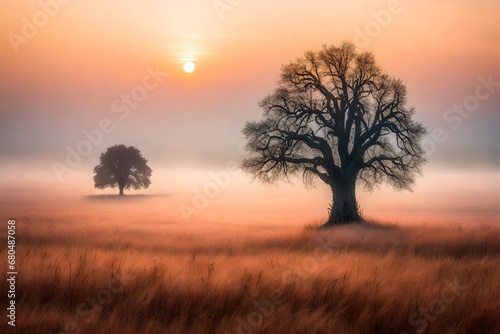 Panorama of a lone tree in a misty country field just before sunrise.a ledger and a hide for hunters to use when hunting or watching from atop a deciduous tree. A field with an oak tree and a sunrise