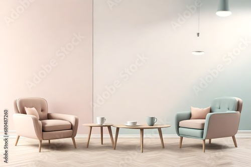 Armchairs in pastel colors and a blank wall for copy space in an interior rendering. window and coffee table. mock-up template for the background