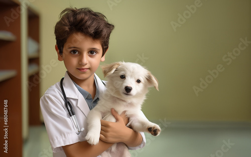 Indian little boy dressed up as a veterinarian holding a dog, professional portrait