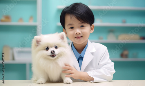 East Asian little girl dressed up as a veterinarian holding a dog, professional portrait